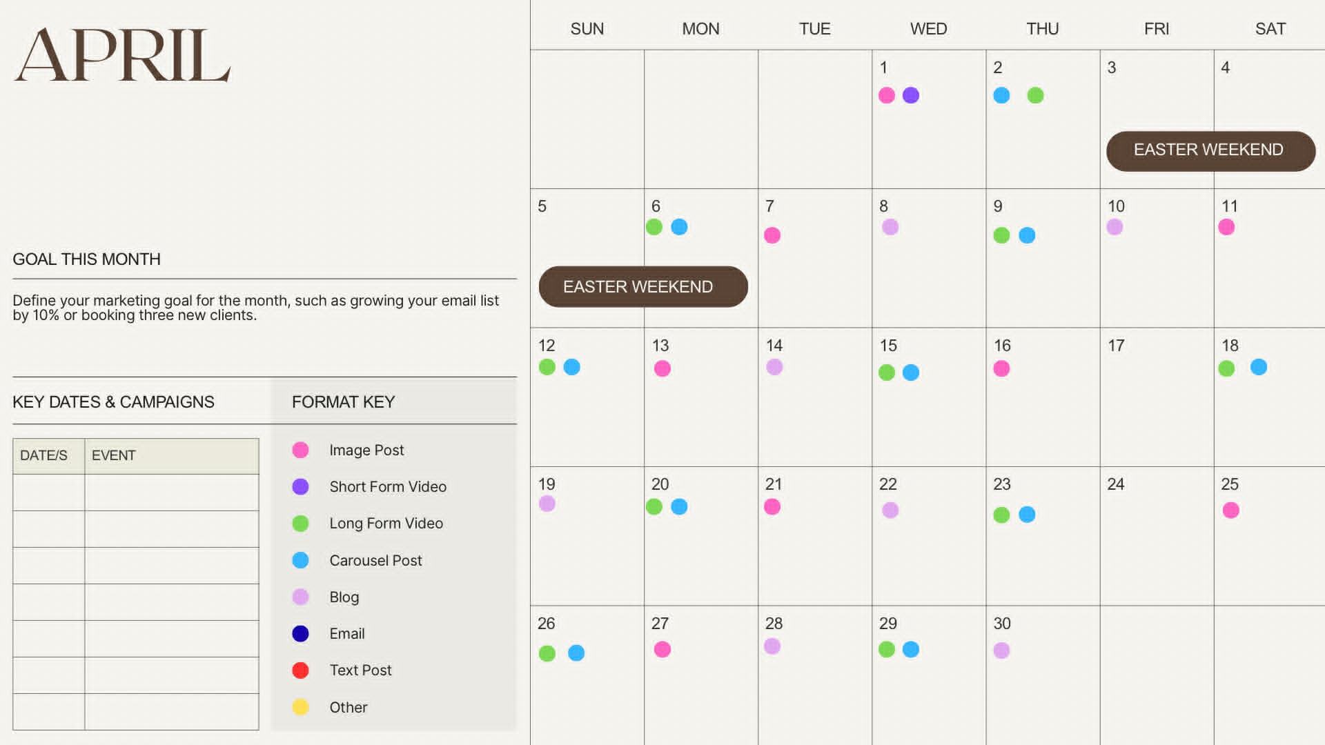 Content calendar layout example
